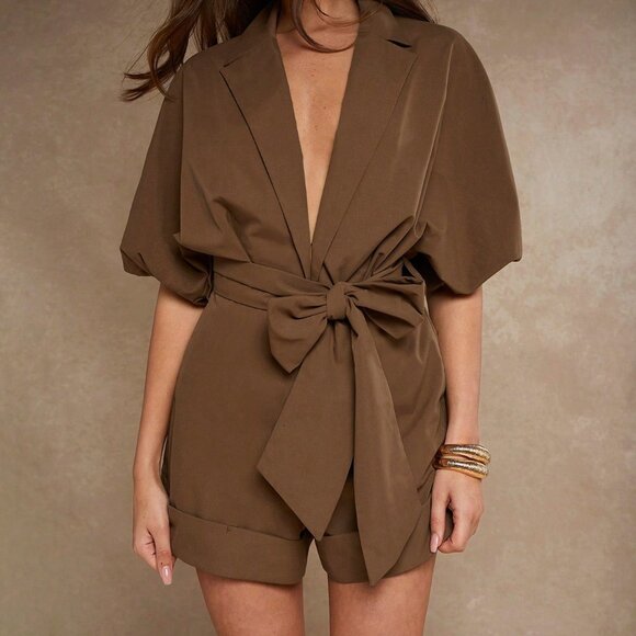 Brown Casual Women's Bat-Wing Sleeve Blouse & Shorts Co-Ord Set - Picture 7 of 7